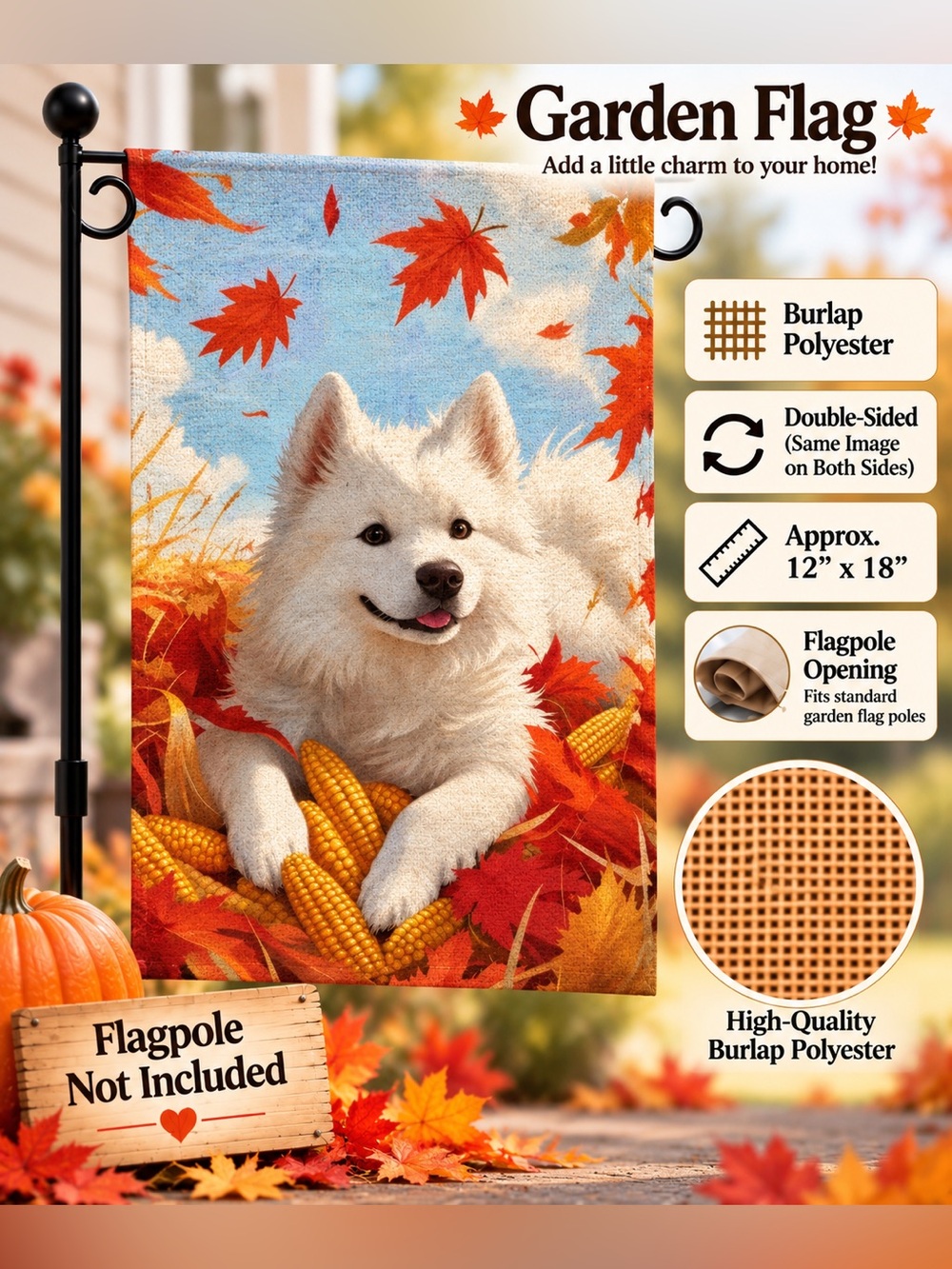 Garden flag, autumn Samoyed dog, burlap polyester, double sided, 12“ x 10“